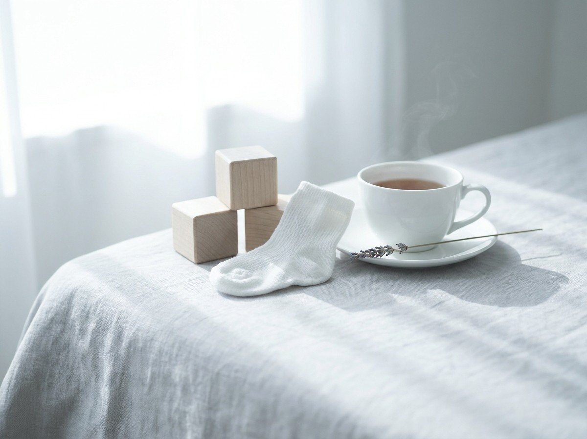 Three plain wooden toy blocks, a small white child's sock, a white cup of tea on a saucer and a lavender stem clustered in the middle of pale gray linen by a window