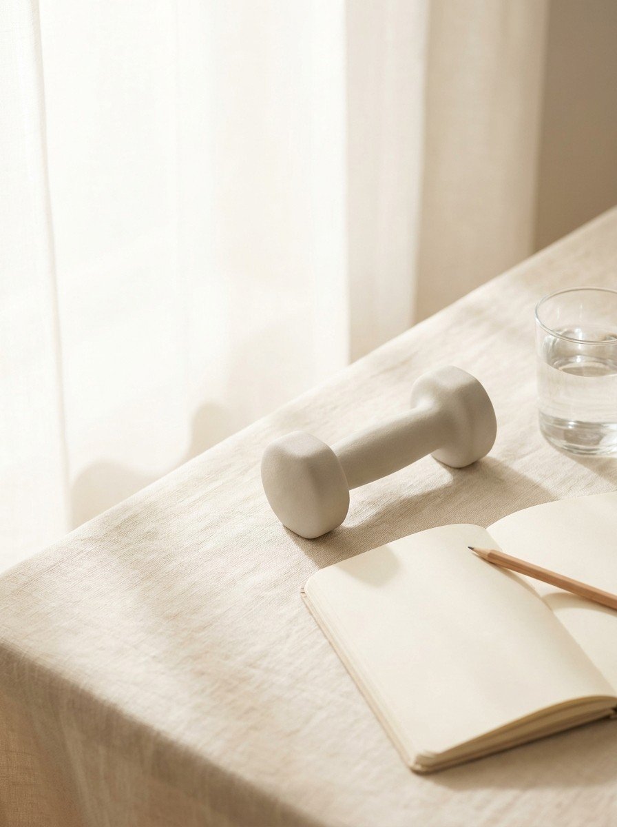 A small light-gray dumbbell, an open blank notebook with a pencil and a glass of water at the lower-right of a cream linen table, the upper-left left empty in soft window light.