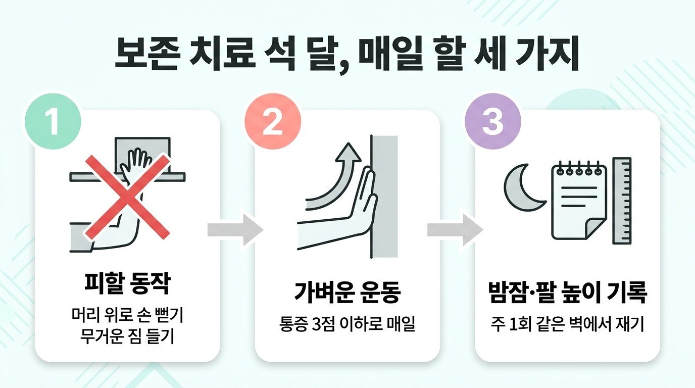 보존 치료 석 달, 매일 할 세 가지 — 피할 동작, 가벼운 운동, 밤잠·팔 높이 기록
