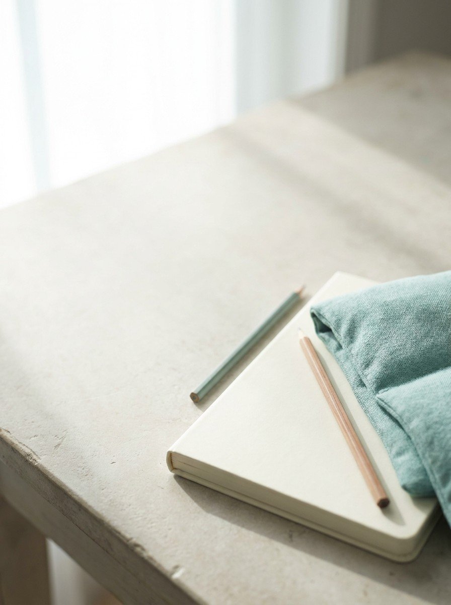 A closed blank notebook with pencils and a soft teal heat pack at the lower right of pale stone, upper left of the frame left empty