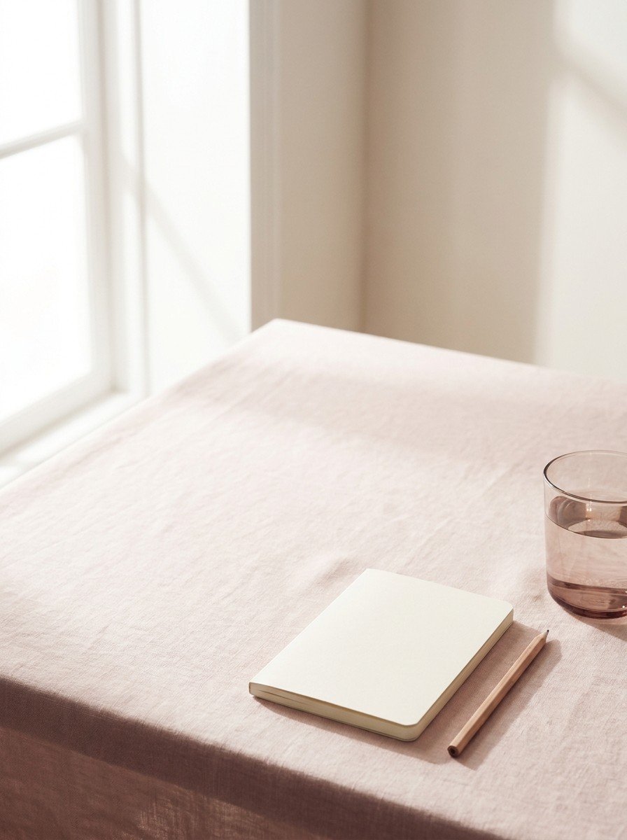 A plain cream notebook with a pencil and a glass of water in the lower right of blush linen, upper left empty