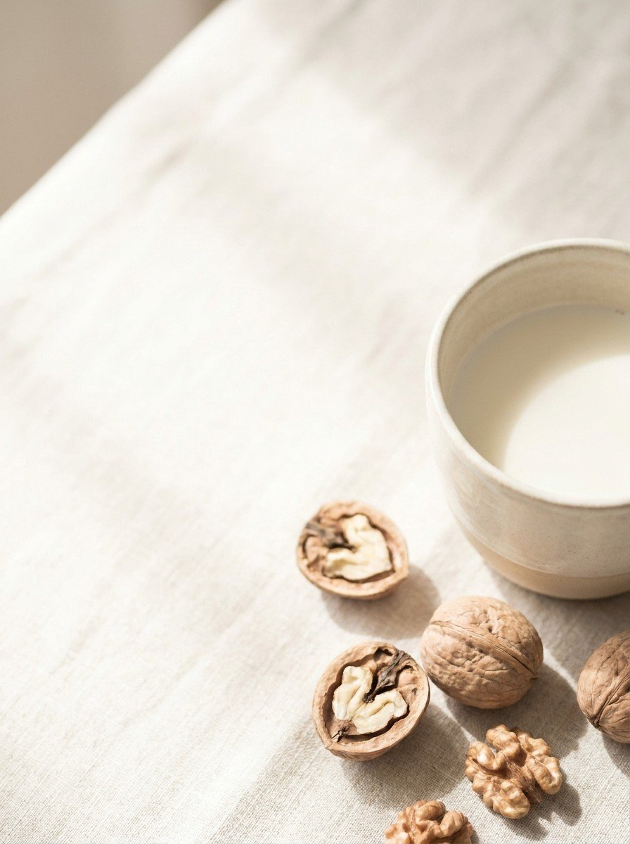 A clay cup half filled with warm milk and a few walnuts in the lower right of oatmeal linen, upper left empty
