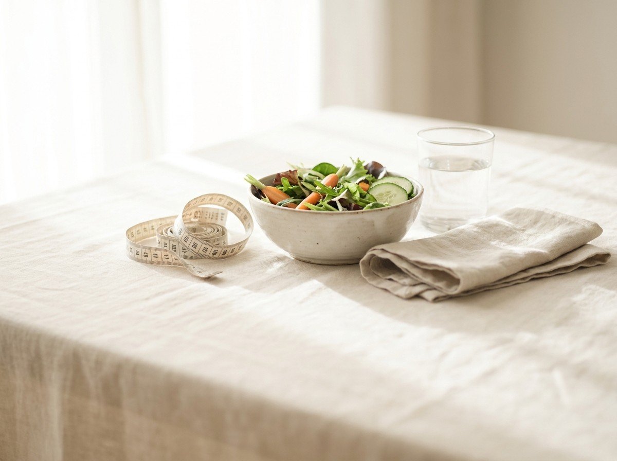 A loosely coiled cloth measuring tape, a ceramic bowl of mixed salad greens, a glass of water and a folded linen napkin grouped on cream linen in soft window light, with open linen below.