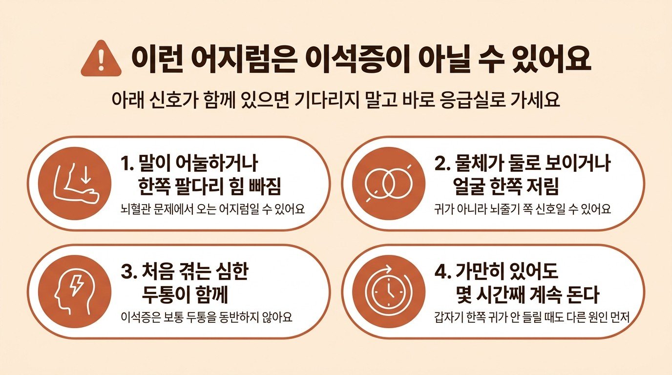 이석증이 아닐 수 있어 바로 응급실로 가야 하는 어지럼 신호 네 가지: 말이 어눌하거나 한쪽 팔다리 힘이 빠질 때, 물체가 둘로 보이거나 얼굴 한쪽이 저릴 때, 처음 겪는 심한 두통이 함께 올 때, 가만히 있어도 몇 시간째 계속 돌 때