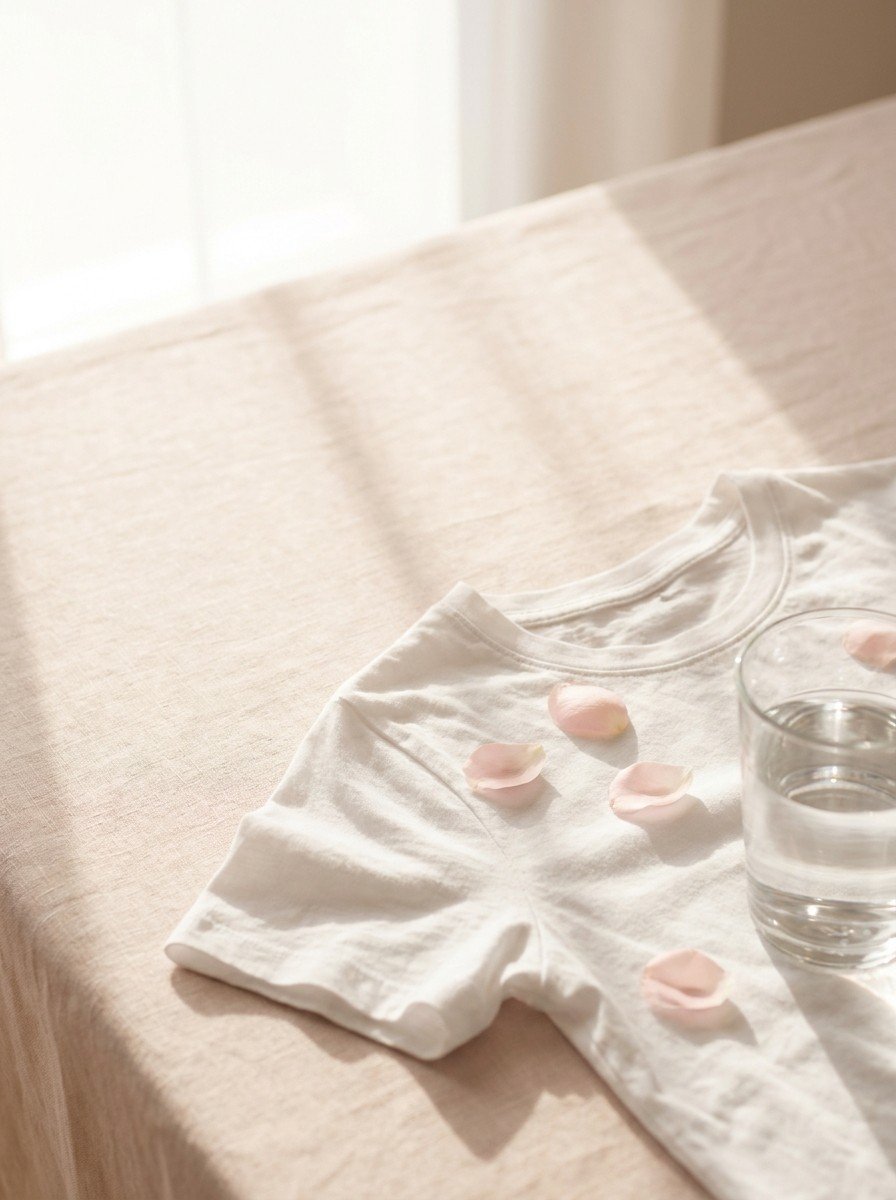 A softly folded loose white cotton t-shirt with a few pale pink oval rose petals and a glass of water in the lower right of cream-rose linen, upper left empty
