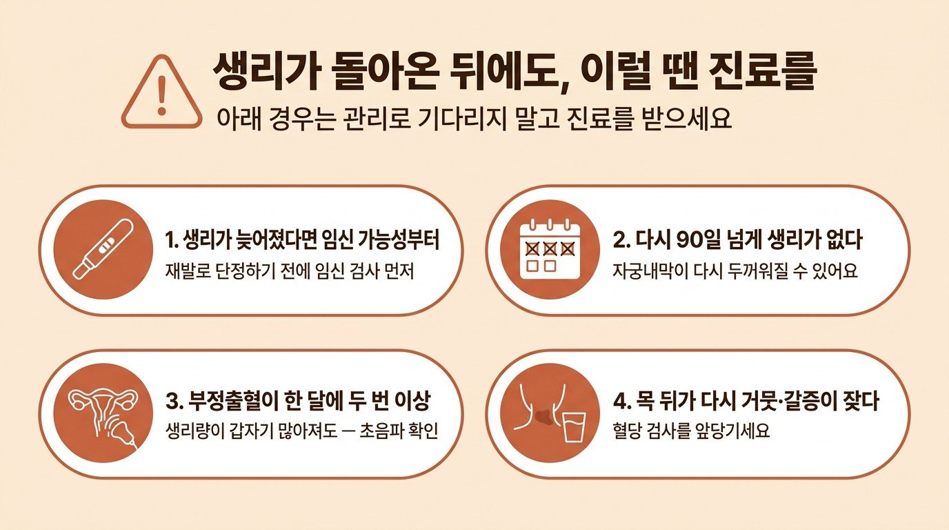 생리가 돌아온 뒤에도 진료가 필요한 경우 — 임신 가능성, 다시 90일 넘는 무월경, 반복되는 부정출혈, 다시 거뭇해진 목과 갈증