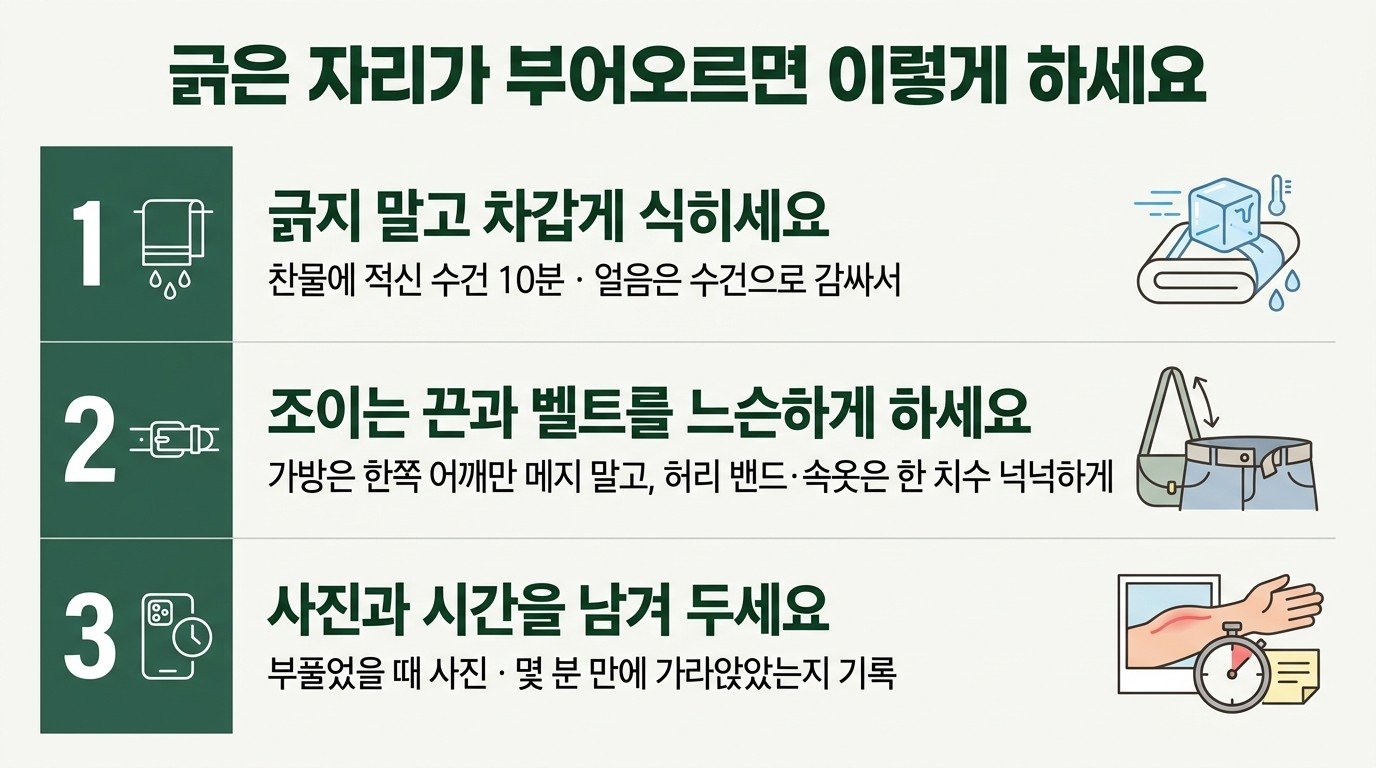 긁은 자리가 부어오르면 이렇게 하세요 — 긁지 말고 차갑게 식히세요, 조이는 끈과 벨트를 느슨하게 하세요, 사진과 시간을 남겨 두세요