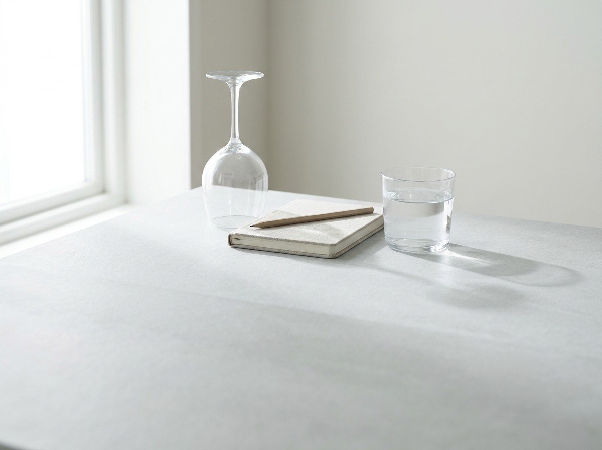 An upside-down empty wine glass, a closed linen notebook with a pencil and a glass of cold water clustered on light gray slate, lower third empty