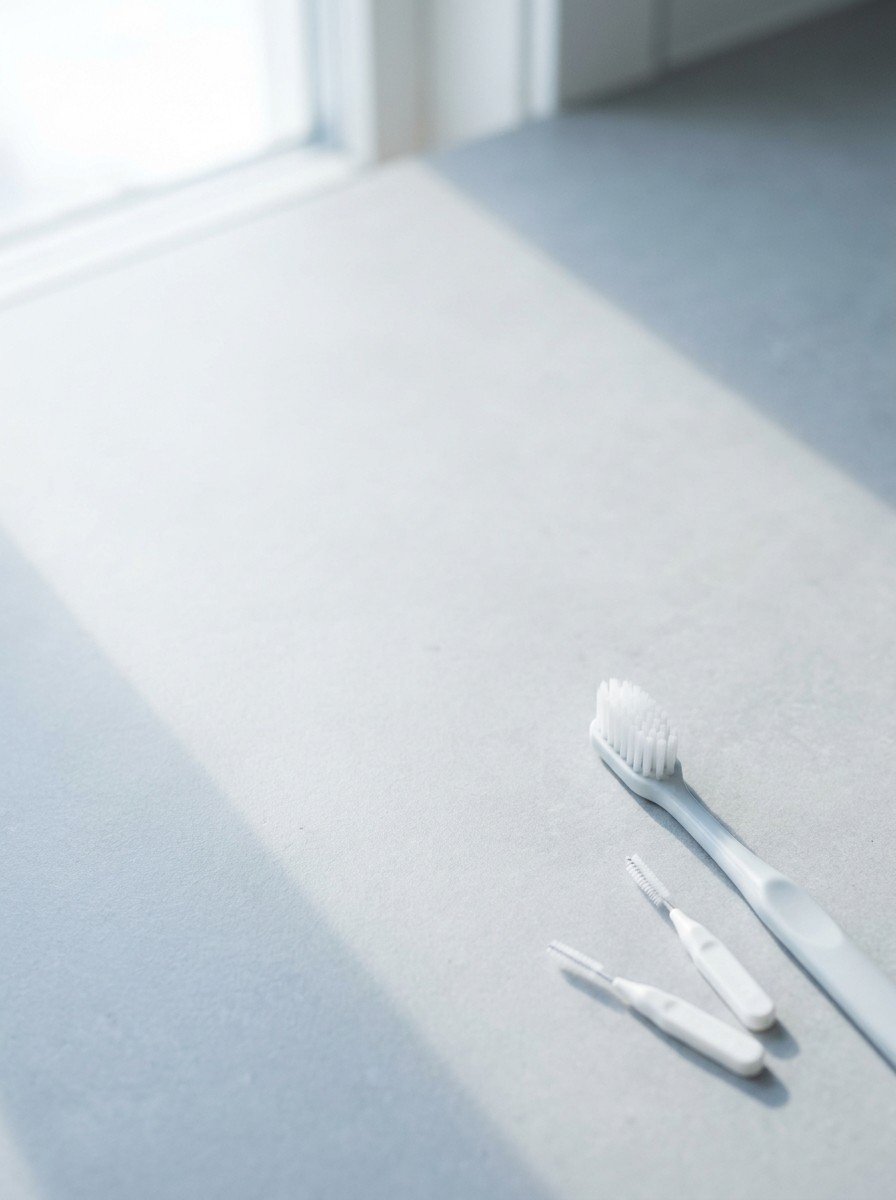 A soft white toothbrush and two small interdental brushes in the lower right of a light gray stone surface, upper left empty