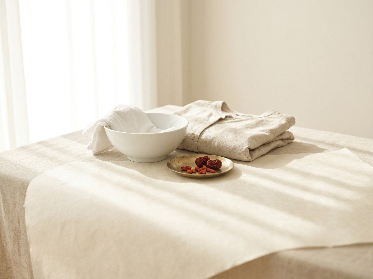 A white porcelain bowl with a damp folded cloth as a cool compress, a folded loose linen shirt and a small brass dish of dried jujubes and goji berries grouped on cream hanji paper in soft window light