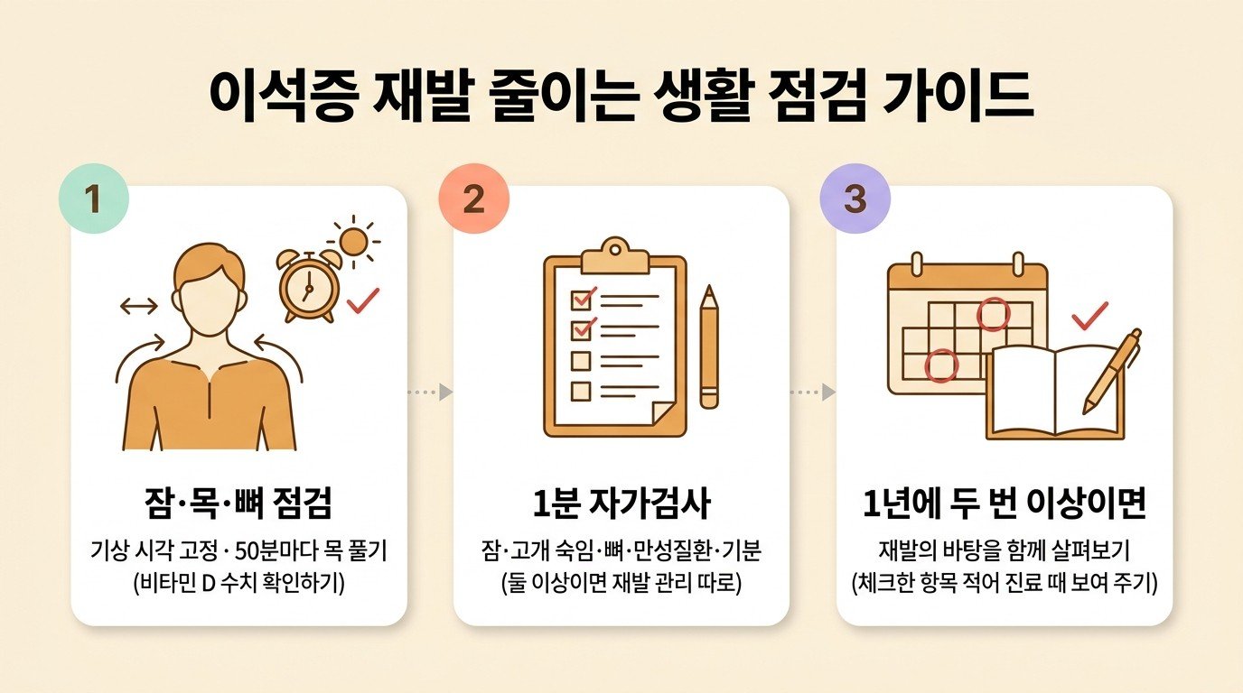 이석증 재발 줄이는 생활 점검 가이드 — 잠·목·뼈 점검, 1분 자가검사, 1년에 두 번 이상이면 재발의 바탕 살피기 세 장의 카드