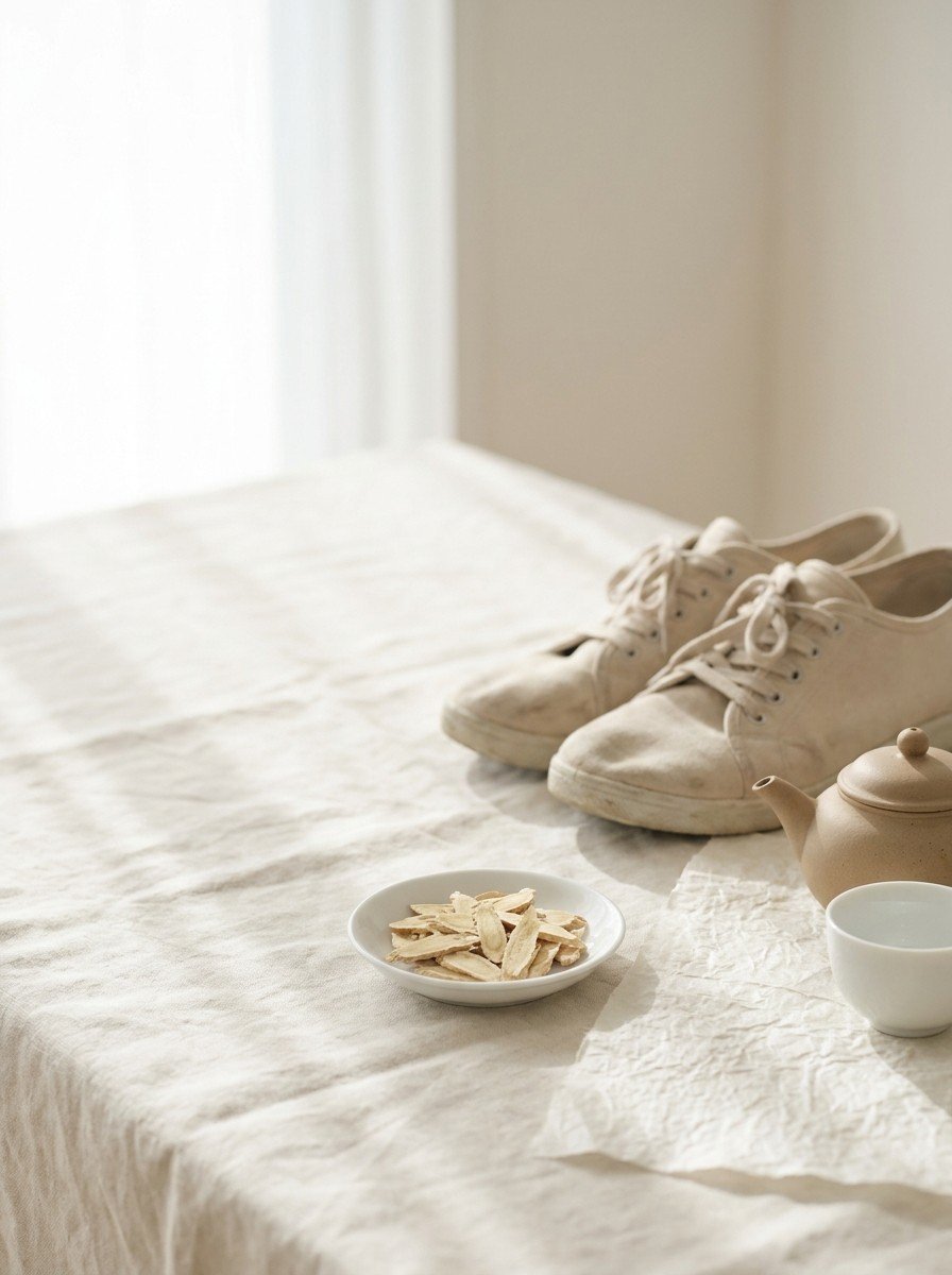 A pair of soft canvas walking shoes, a small clay teapot with a white teacup and a white dish of dried astragalus slices on cream linen and hanji paper, upper left of the frame left empty