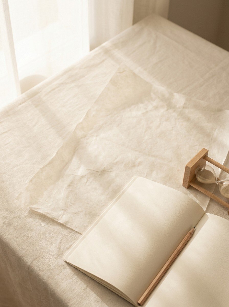 An open blank planner with a pencil and a small wooden hourglass on the lower right of cream linen and hanji paper, upper left of the frame left empty