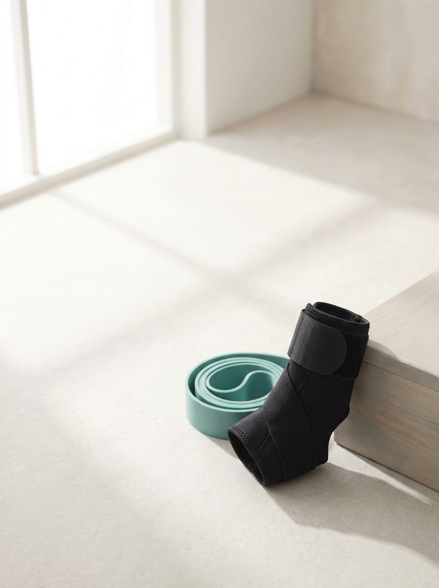 A black ankle brace leaning on a low wooden step beside a coiled teal resistance band at the lower right of pale stone, upper left left empty