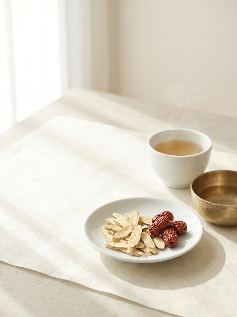 A white porcelain dish of dried astragalus slices and jujubes, a small brass bowl and a cup of pale warm tea on the lower right of cream hanji paper, upper left of the frame left empty