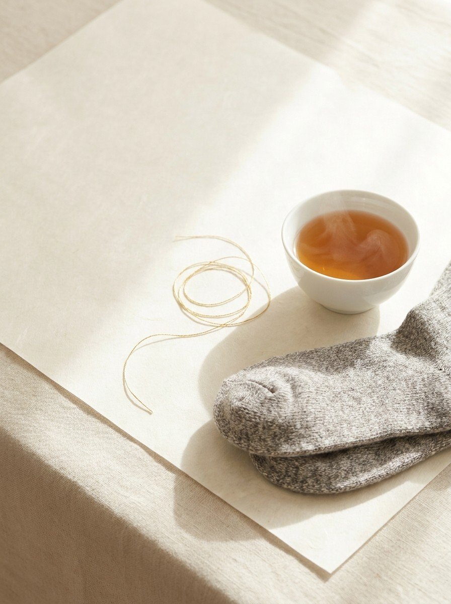 Folded grey wool socks, a white porcelain bowl of warm barley tea and a loosely coiled thin gold thread on the lower right of cream hanji paper, upper left of the frame left empty