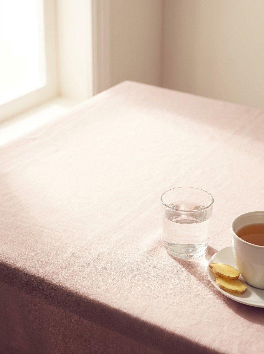 A clear glass of water and a white cup of ginger tea with two ginger slices in the lower right of blush linen, upper left empty