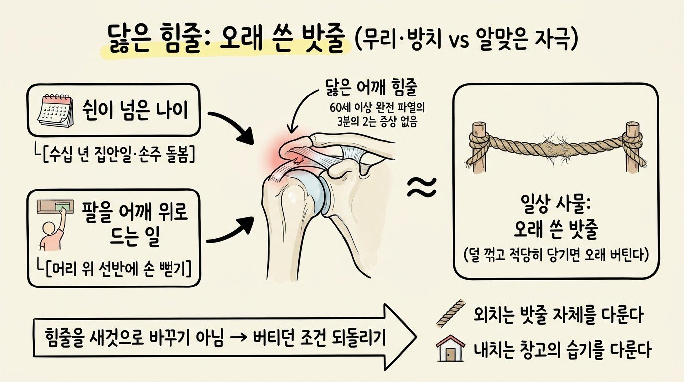닳은 어깨 힘줄을 덜 꺾고 적당히 당기면 오래 버티는 오래 쓴 밧줄에 빗댄 개념 지도