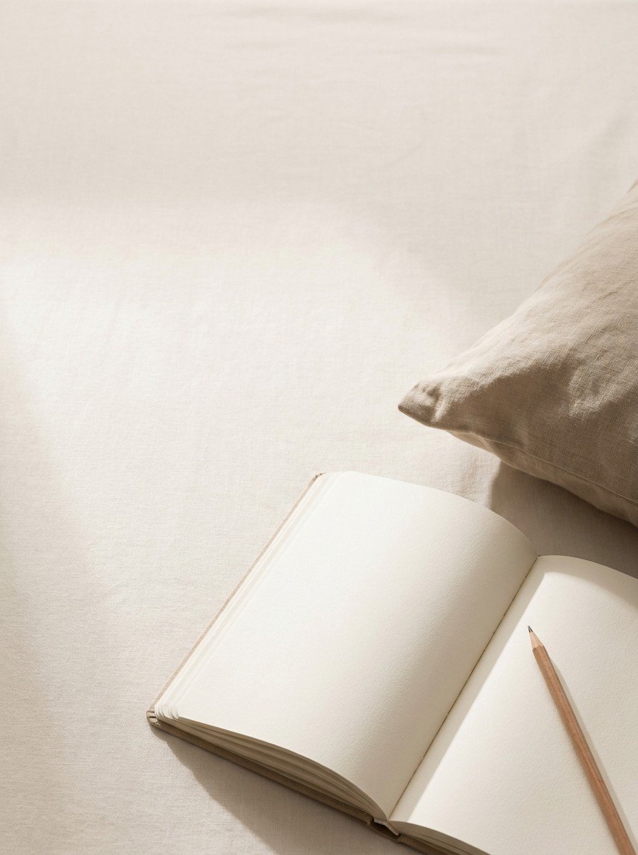 An open blank notebook with a pencil and the corner of a soft linen pillow at the lower-right of a cream linen table, the upper-left left empty in soft window light.