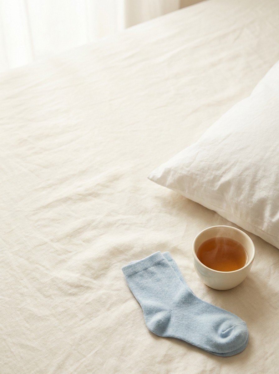 The corner of a white pillow, a cream cup of warm barley tea and small pale blue child's socks on the lower right of cream linen, upper left of the frame left empty