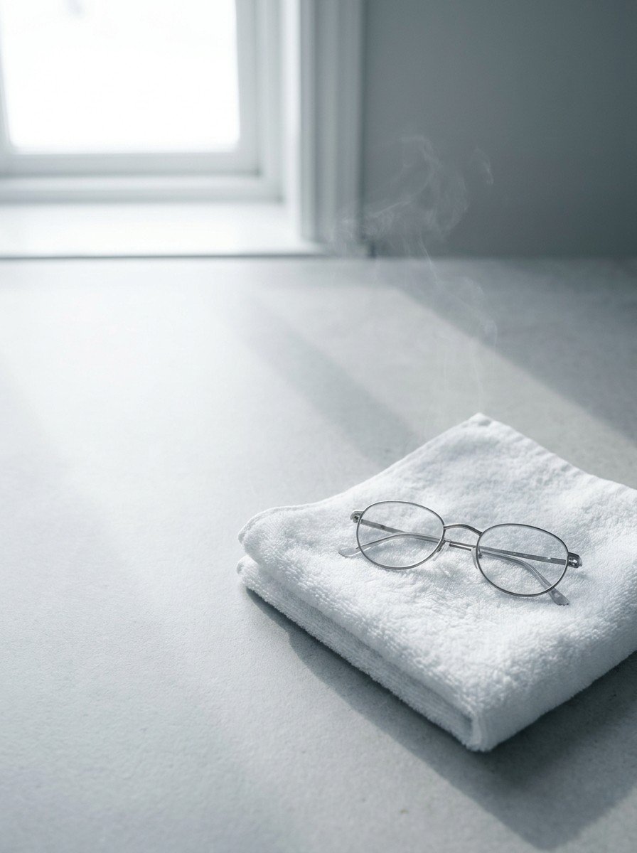 A folded warm damp white towel with faint steam and thin-framed reading glasses in the lower right of a light gray stone surface, upper left empty