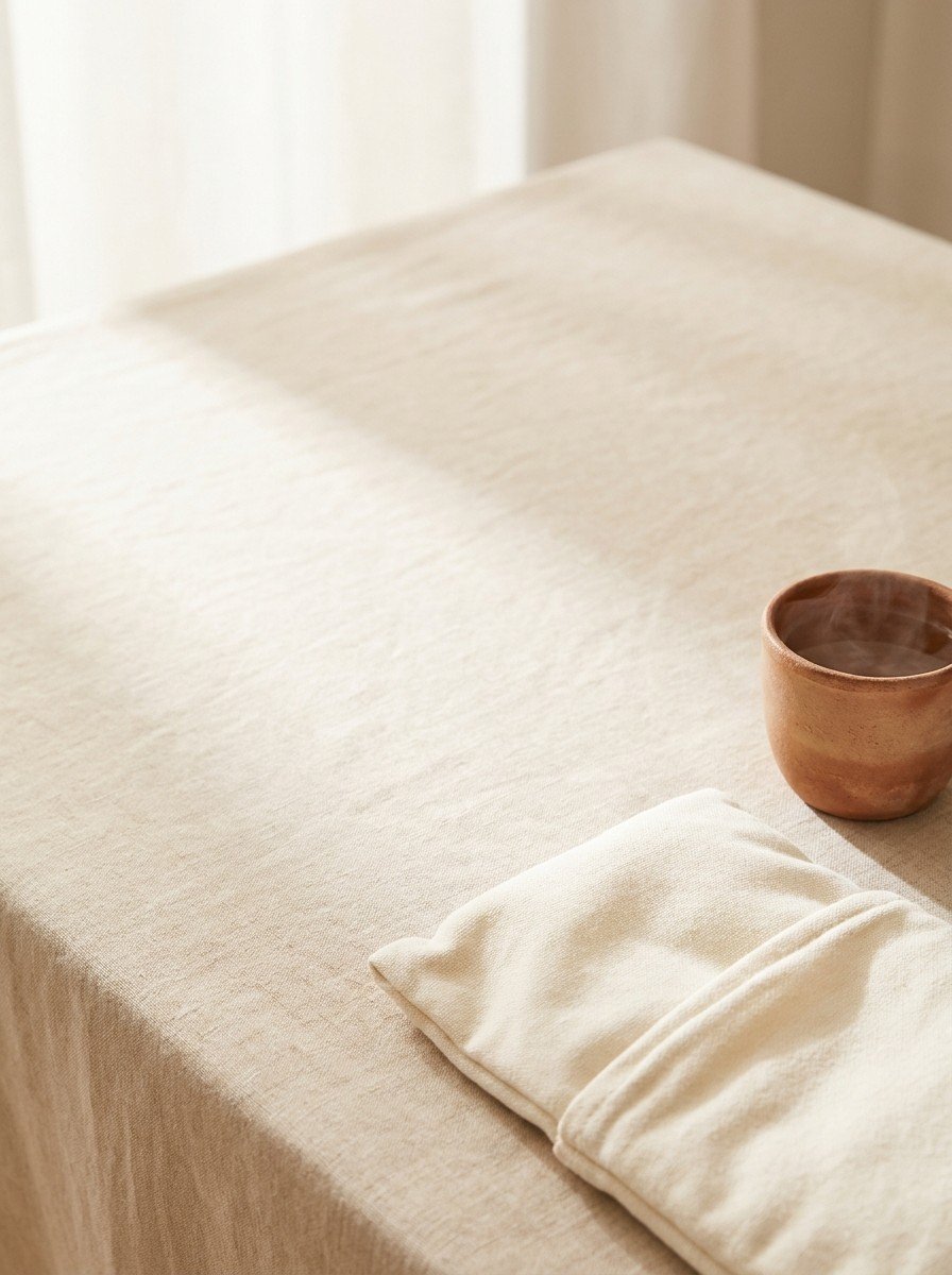 A folded cream cloth heat pack and a clay cup of warm water in the lower right of beige linen, upper left empty