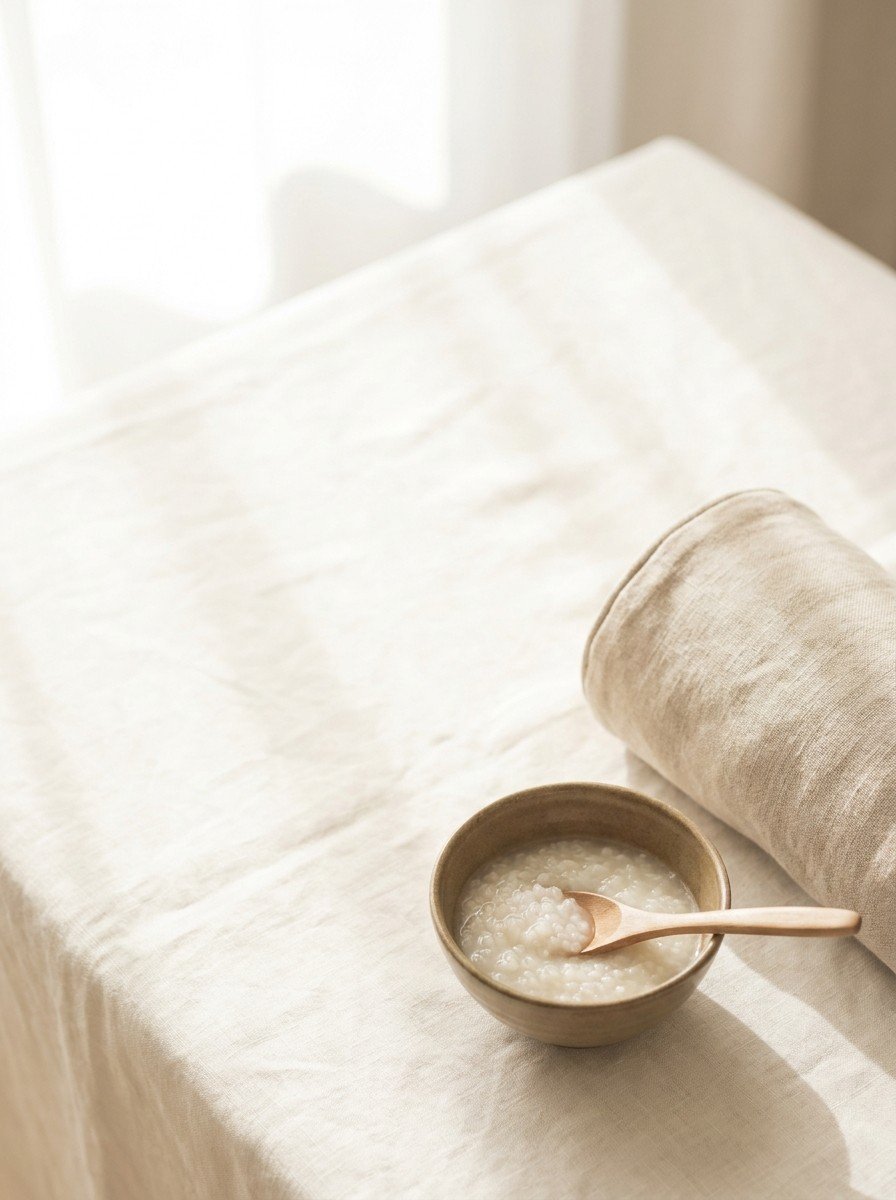 A small clay bowl of rice porridge with a wooden spoon and a rolled linen cushion in the lower right of cream linen, upper left empty