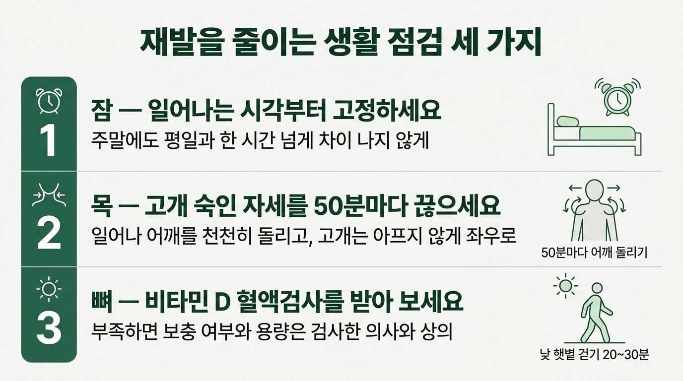재발을 줄이는 생활 점검 세 가지 — 일어나는 시각 고정하기, 고개 숙인 자세 50분마다 끊고 어깨 돌리기, 비타민 D 혈액검사 받고 낮 햇볕 아래 20~30분 걷기
