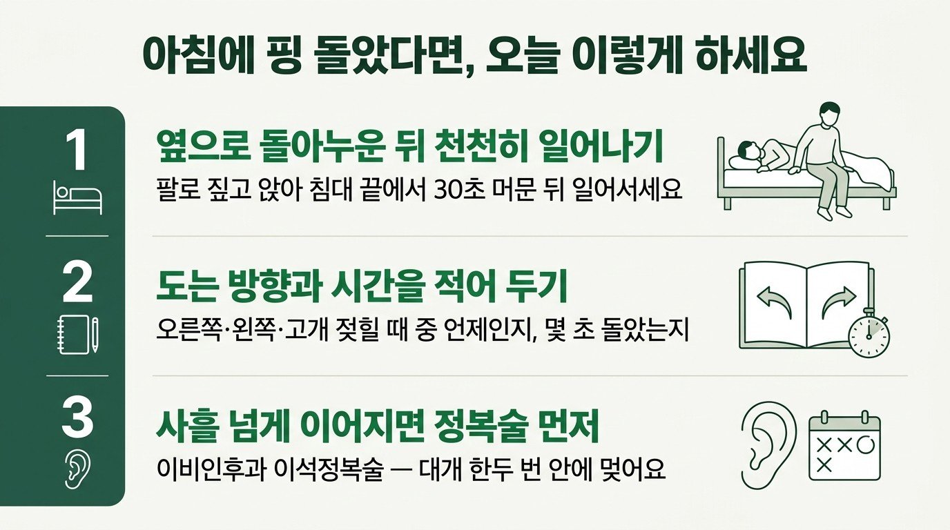 아침에 핑 돌았을 때 할 일 세 가지: 옆으로 돌아누운 뒤 천천히 일어나기(침대 끝에서 30초 머물기), 도는 방향과 시간 적어 두기, 사흘 넘게 이어지면 이비인후과 이석정복술 먼저