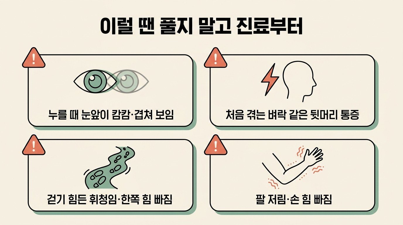 이럴 땐 풀지 말고 진료부터 — 뒷목 어지럼의 위험 신호 4가지