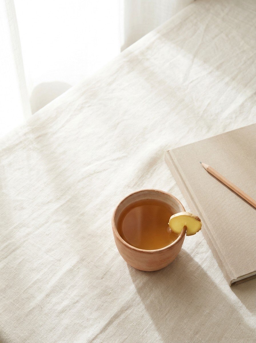 A clay cup of ginger tea with a ginger slice and a closed desk planner with a pencil in the lower right of cream linen, upper left empty