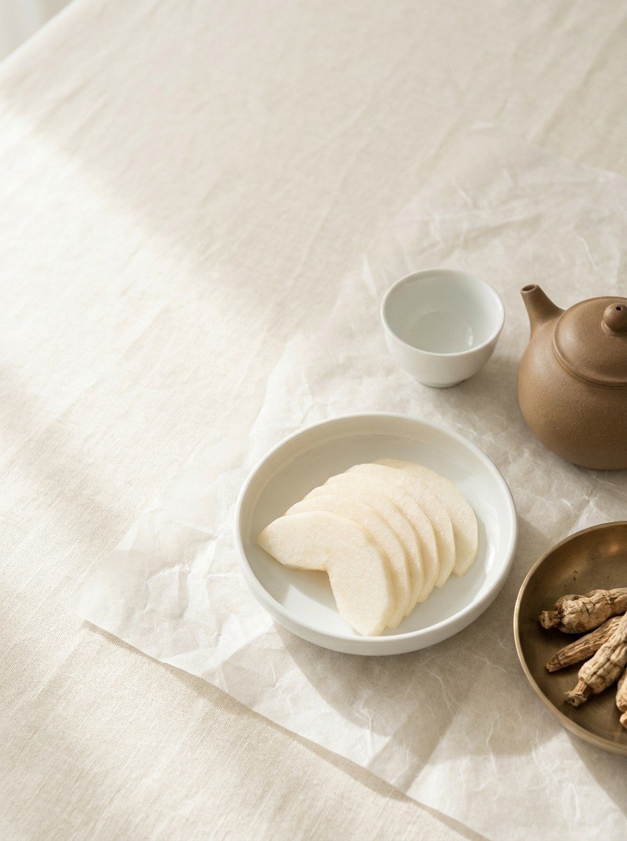 Thin slices of Korean pear on a white porcelain dish, a small clay teapot with a white teacup and dried ophiopogon tubers in a brass bowl on cream linen and hanji paper, upper left of the frame left empty