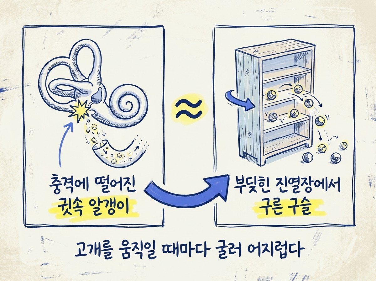 부딪힌 충격에 귓속 알갱이가 떨어진다 — 흔들린 진열장 선반에서 굴러떨어진 구슬과 귓속 반고리관 비교