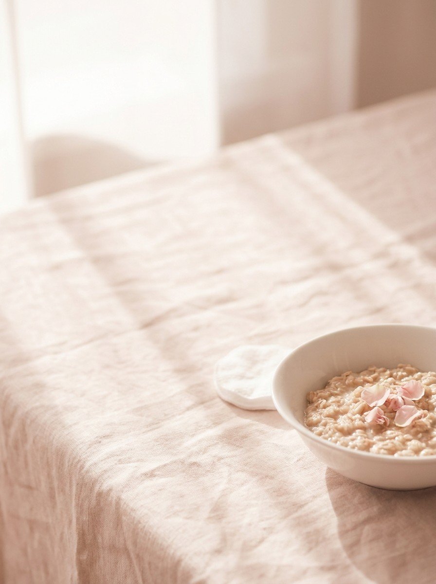 A small white porcelain bowl of oatmeal with a few pale pink oval rose petals and a white cotton pad in the lower right of cream-rose linen, upper left empty