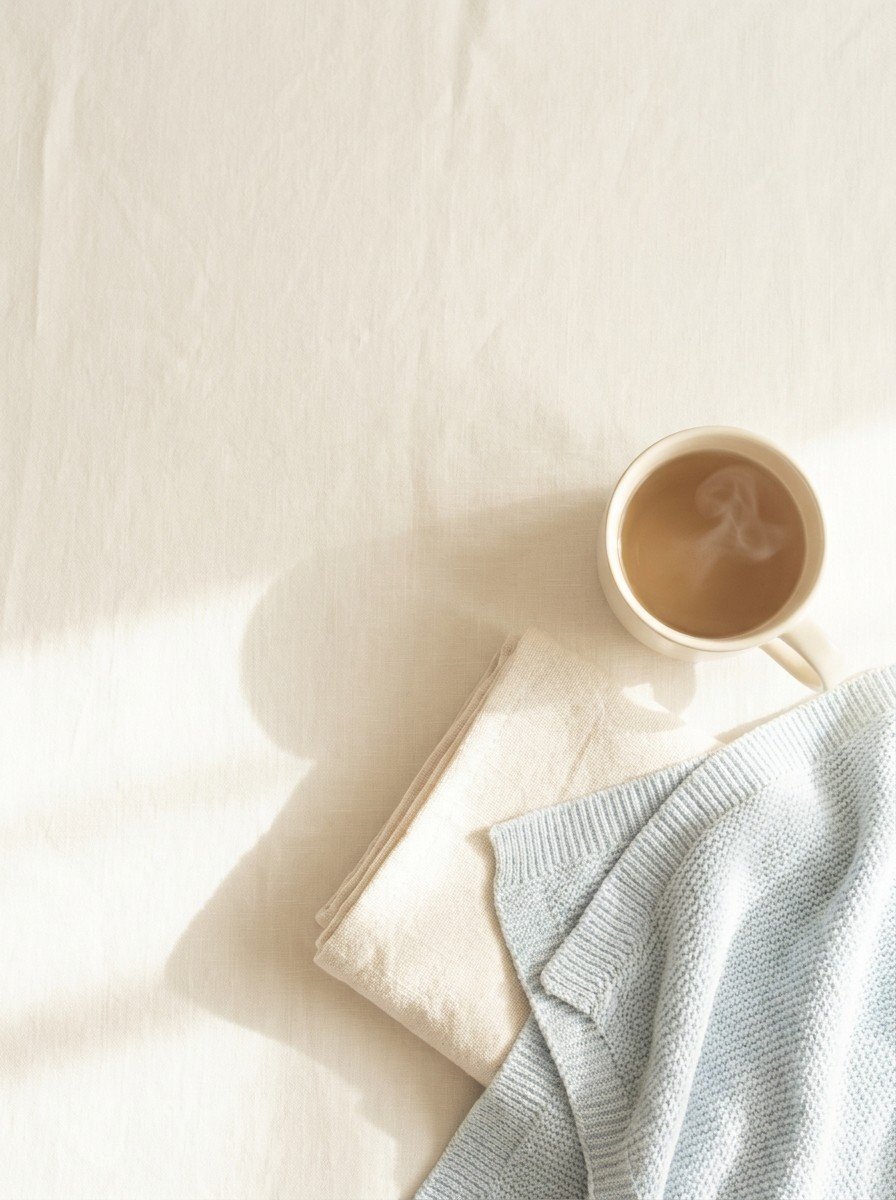 A cream cup of warm tea, a folded cotton cloth and a pale blue knitted baby blanket on the lower right of cream linen, upper left of the frame left empty
