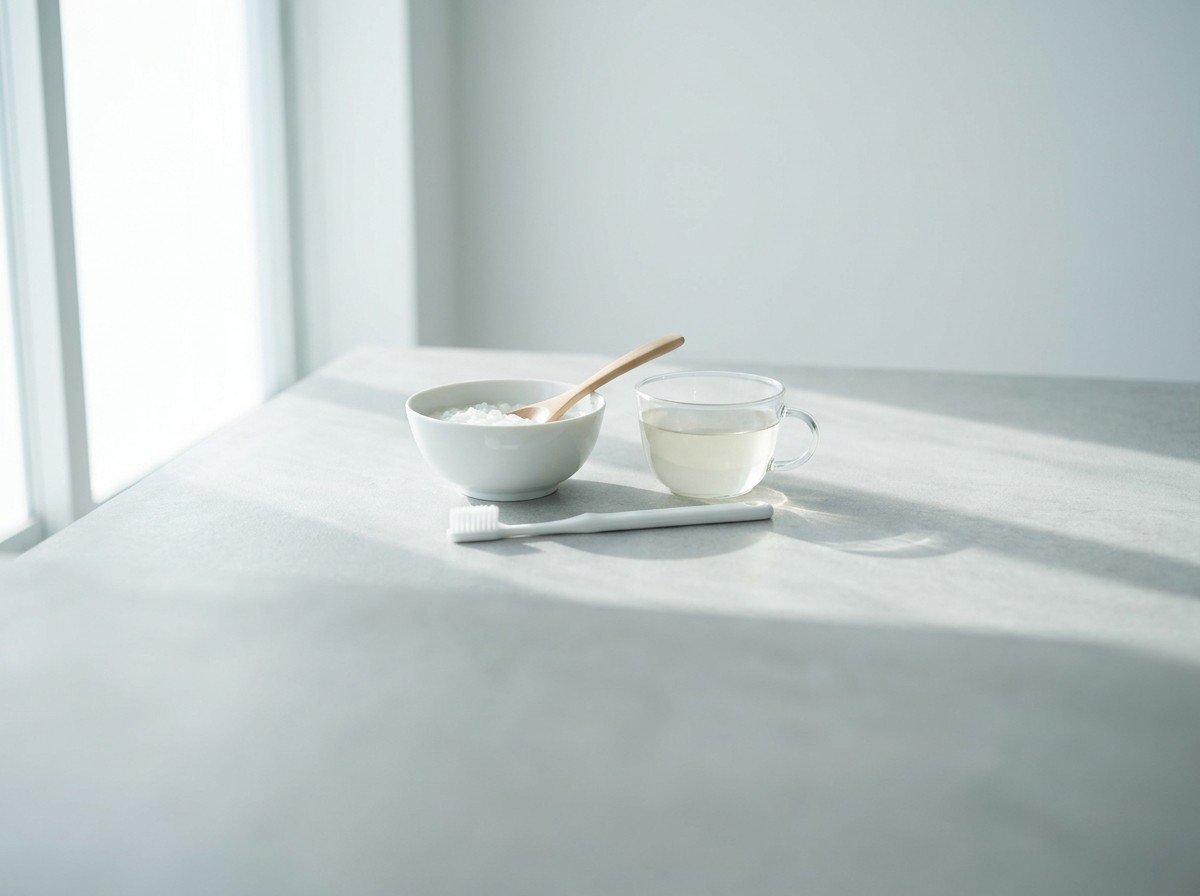 A small white bowl of plain rice porridge with a wooden spoon, a soft white toothbrush and a glass cup of pale barley tea clustered on a light gray stone table by a window