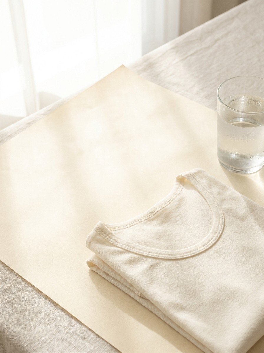A neatly folded light cotton undershirt and a glass of cool water on the lower right of cream hanji paper, upper left of the frame left empty