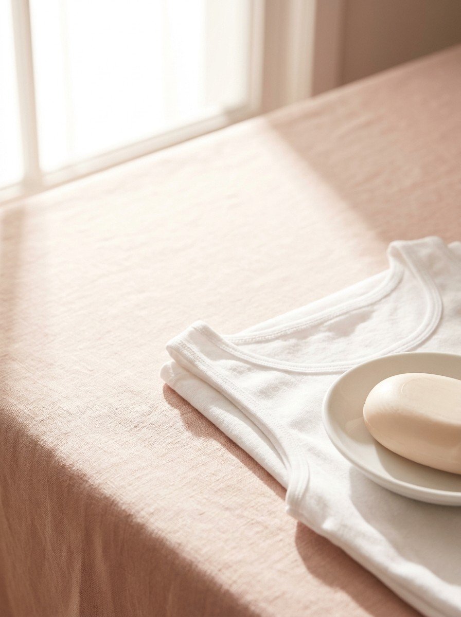 A folded white sleeveless cotton top and a pale bar of mild soap on a small porcelain dish in the lower right of cream-rose linen, upper left empty