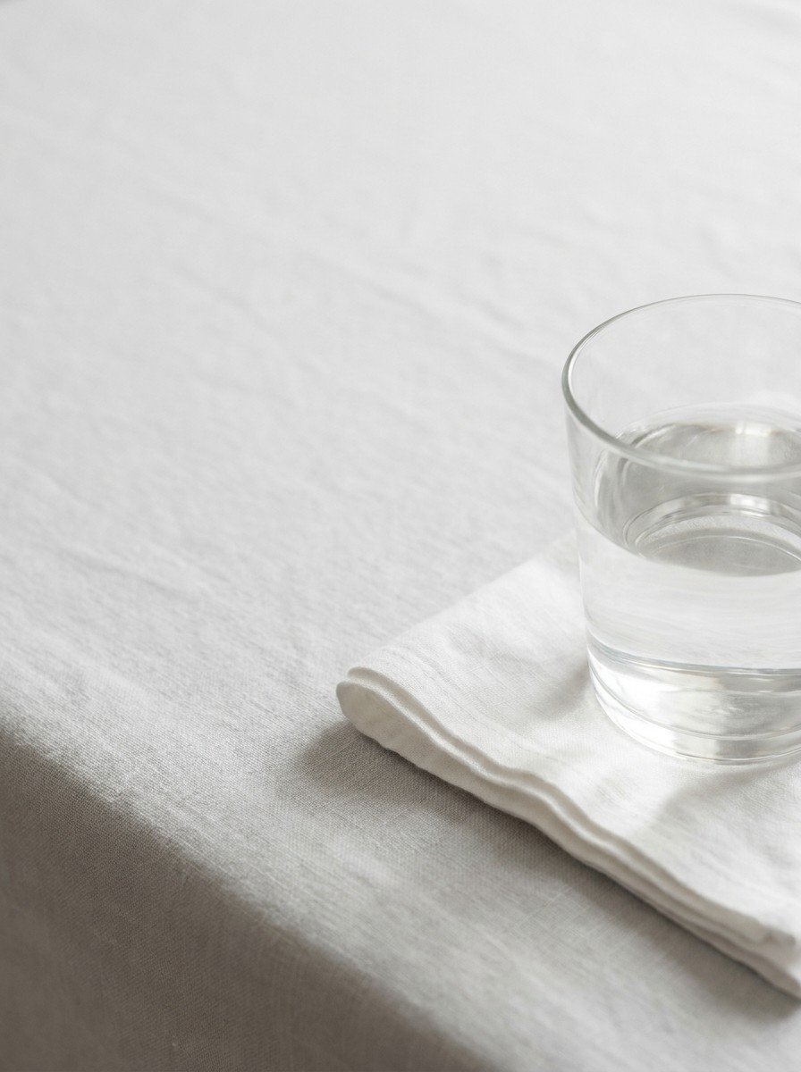 A clear glass of warm water on a folded white child's handkerchief in the lower right of pale gray linen, upper left empty