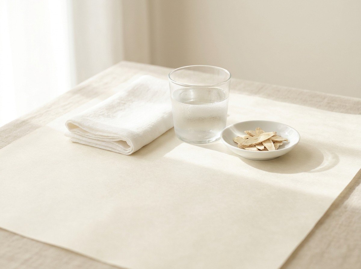 A folded white linen hand towel, a glass of cool water and a small white porcelain dish of dried astragalus slices grouped on cream hanji paper in soft window light