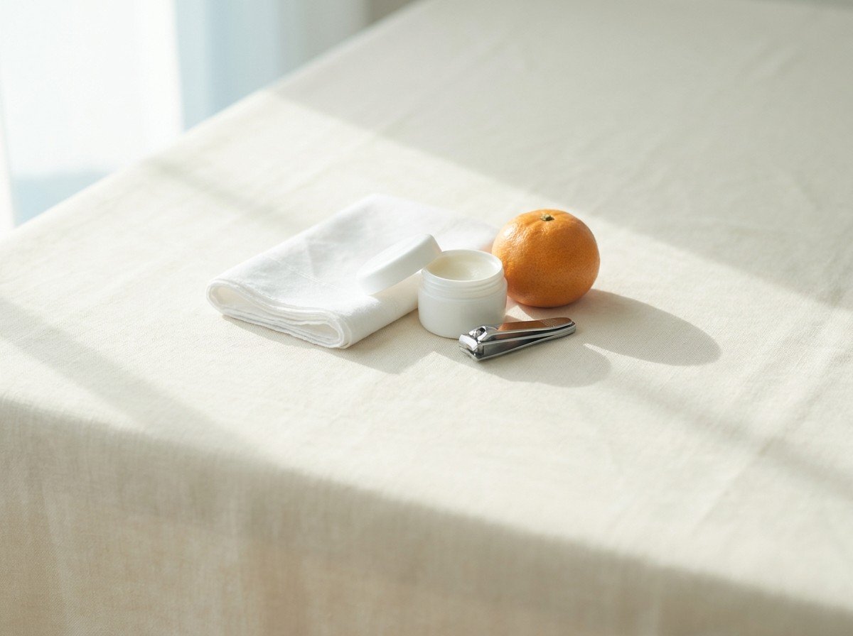 A folded white cotton handkerchief, a small unlabeled white jar of balm, a child's nail clipper and a tangerine grouped on cream linen in soft window light