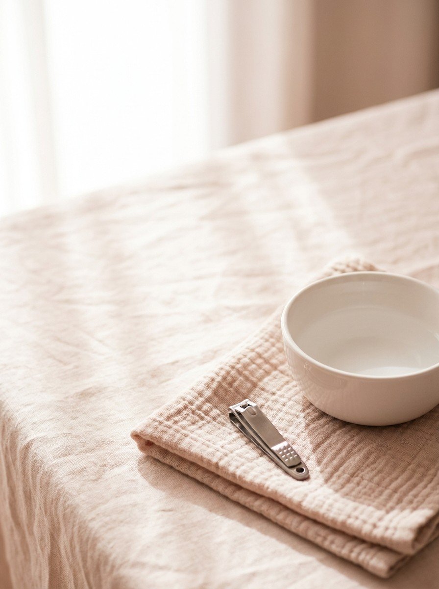 A small white porcelain bowl of lukewarm water and a small pair of child nail clippers on a folded cotton gauze cloth in the lower right of cream-rose linen, upper left empty