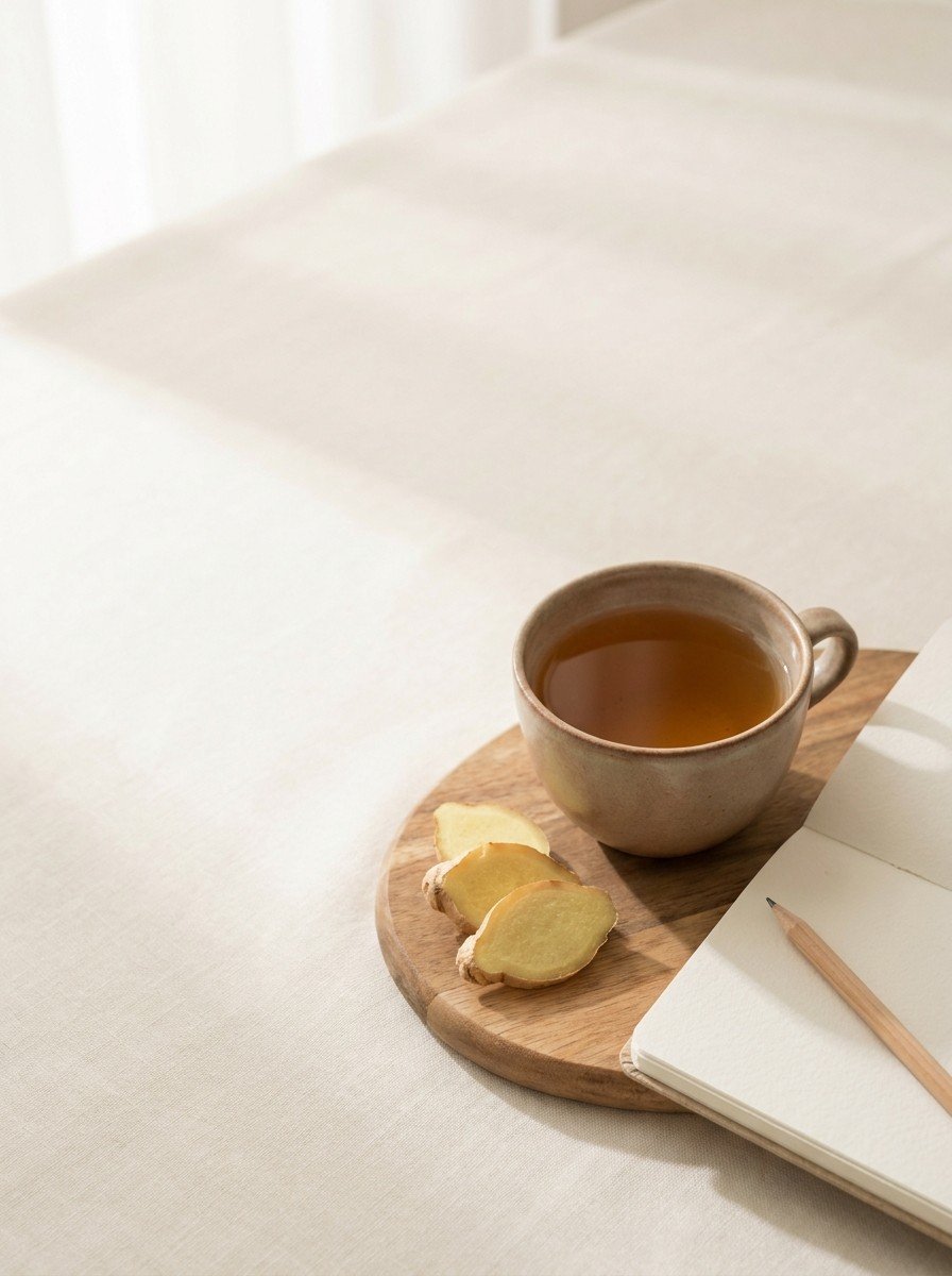 A cup of barley tea with ginger slices on a small wooden board and an open blank notebook with a pencil in the lower right of cream linen, upper left empty
