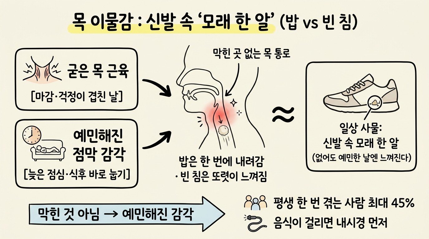 목 이물감은 신발 속 모래 한 알처럼 막힌 것 없이 예민해진 감각 — 밥은 내려가고 빈 침은 또렷이 느껴진다