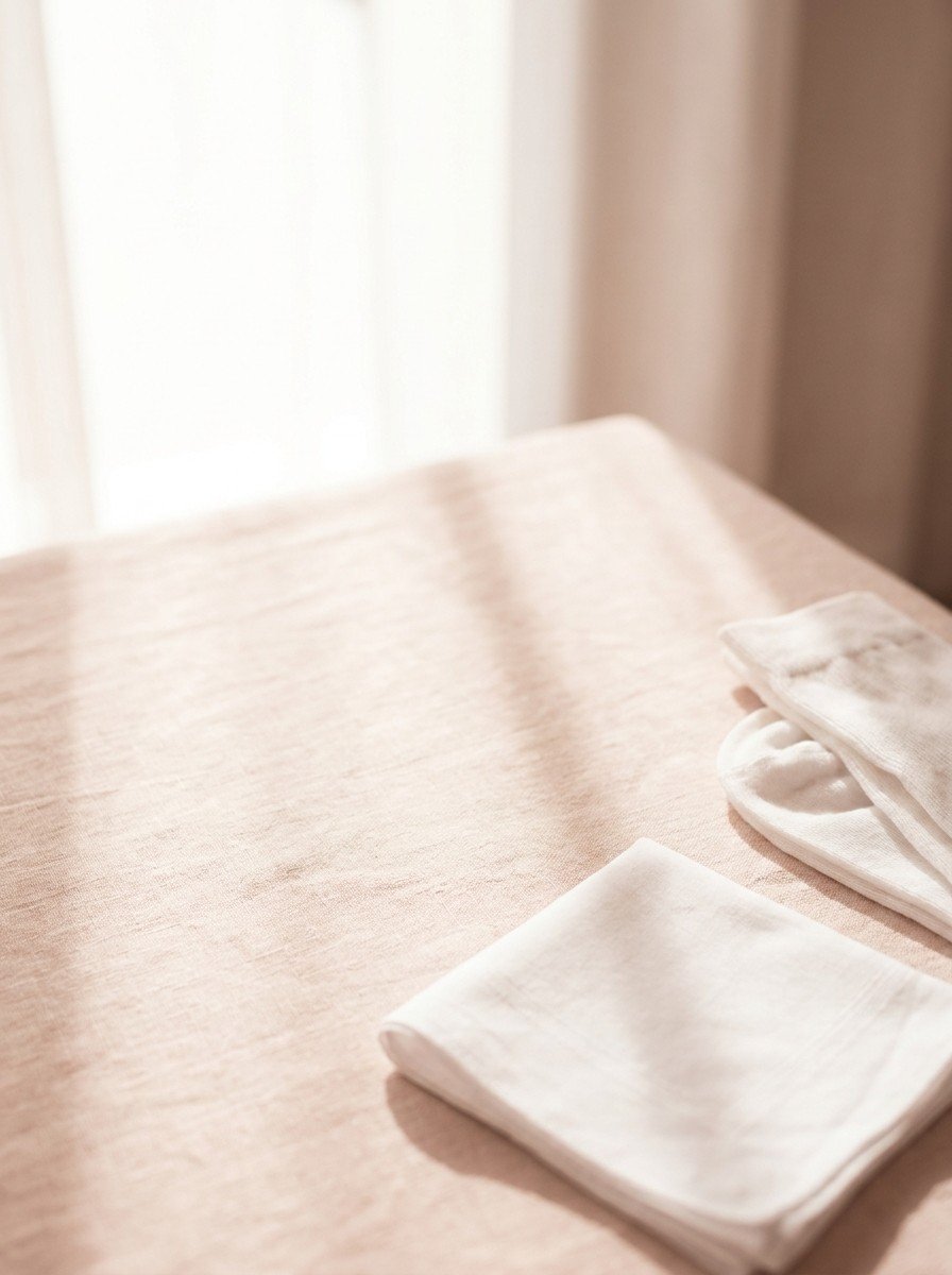 A folded white cotton handkerchief and a pair of thin folded white cotton socks in the lower right of cream-rose linen, upper left empty