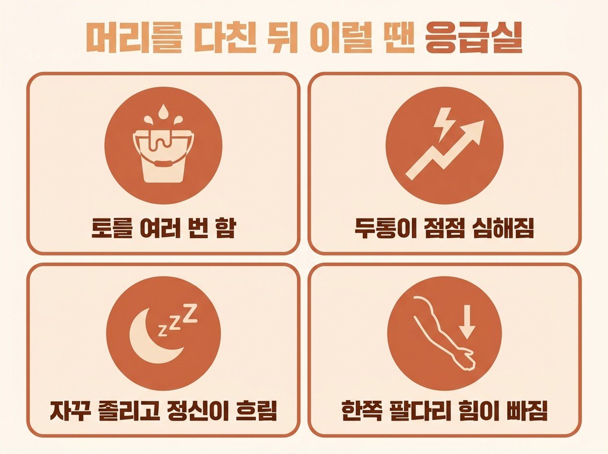 머리를 다친 뒤 이럴 땐 바로 응급실 — 토를 반복함, 점점 심해지는 두통, 졸리고 정신이 흐림, 한쪽 팔다리 힘 빠짐