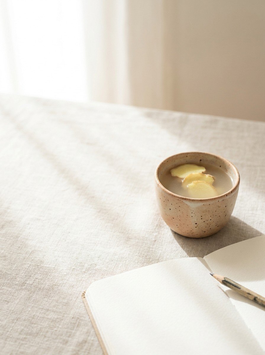 A clay cup of ginger tea with ginger slices and an open blank notebook with a pencil in the lower right of oatmeal linen, upper left empty