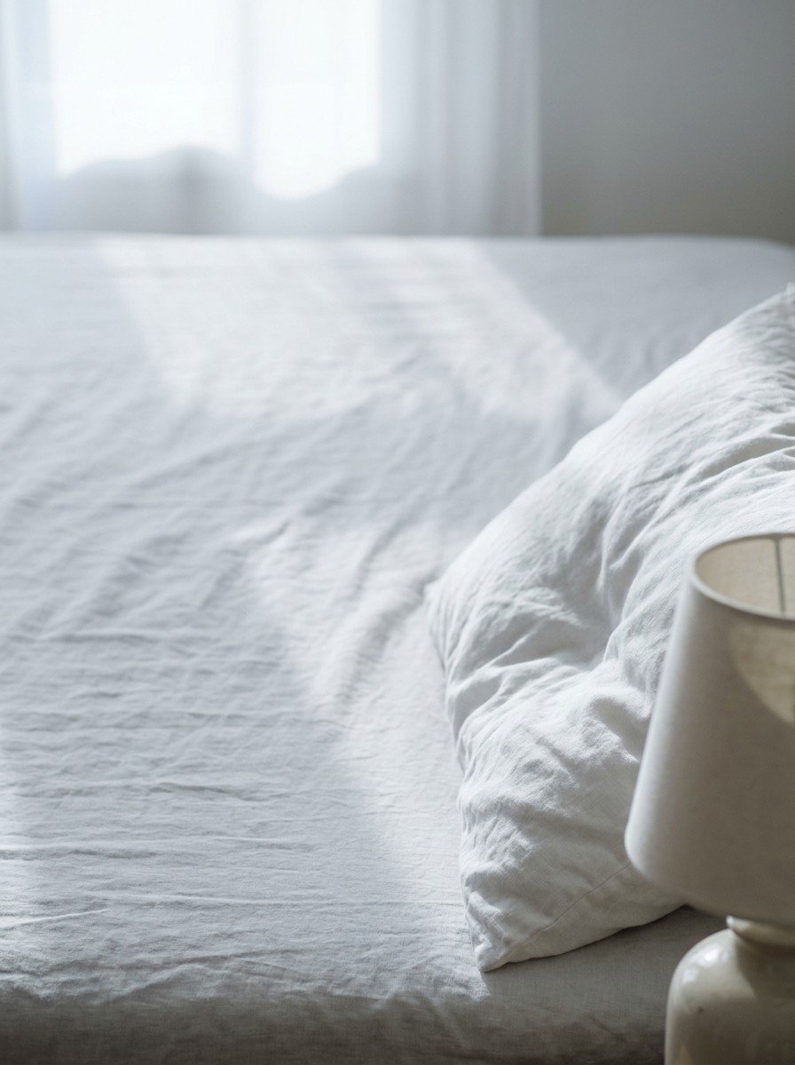 The corner of a dented white linen pillow and a switched-off bedside lamp in the lower right of a pale gray linen bed, upper left empty