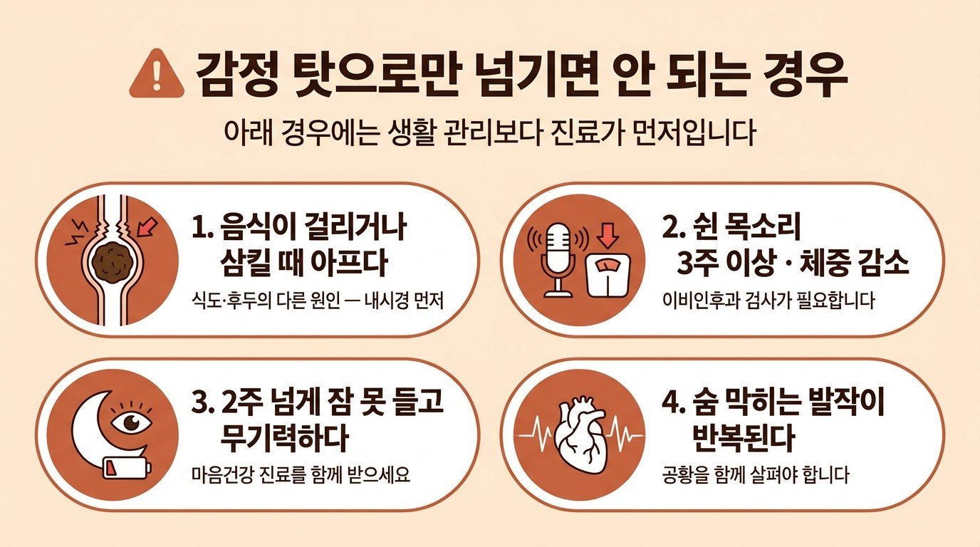 감정 탓으로만 넘기면 안 되는 경우 — 음식이 걸리거나 아픔, 쉰 목소리·체중 감소, 2주 넘는 불면·무기력, 반복되는 숨 막힘 발작