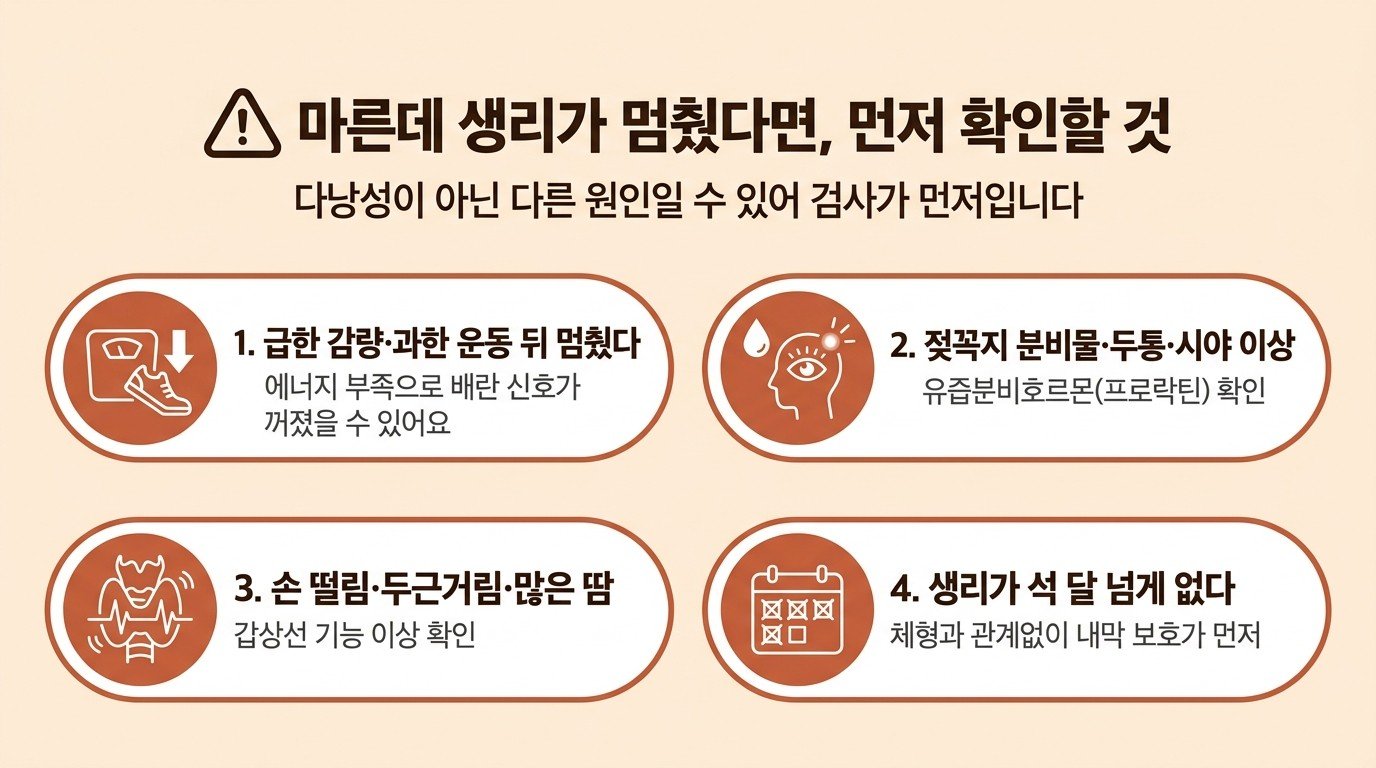 마른데 생리가 멈췄을 때 먼저 확인할 것 — 급한 감량·과한 운동, 프로락틴, 갑상선, 석 달 넘는 무월경
